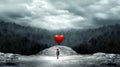 Lonely child, darkness, fog, creepy scenery. Big red heart as a balloon. Royalty Free Stock Photo