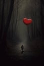 Lonely child on forest path, darkness, fog, creepy scenery. Big red heart as a balloon. Royalty Free Stock Photo