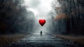 Lonely child on forest path, darkness, fog, creepy scenery. Big red heart as a balloon. Royalty Free Stock Photo