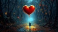 Lonely child on forest path, darkness, fog, creepy scenery. Big red heart as a balloon. Royalty Free Stock Photo