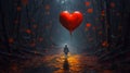 Lonely child on forest path, darkness, fog, creepy scenery. Big red heart as a balloon. Royalty Free Stock Photo