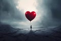 Lonely Child With Red Balloon in The Shape of Heart