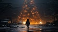 A lonely child standing in front of a big Christmas tree which is created from useless stuff in poor neighborhood.