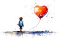 Lonely Child With Symbolic Red Balloon in The Shape of Heart Watercolor Painting