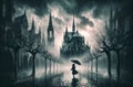 Lonely Child Walking in Rain with Umbrella in Gothic Setting Royalty Free Stock Photo