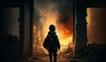 lonely child walks down the street of a destroyed bombed city. concept no war. Generative AI Royalty Free Stock Photo