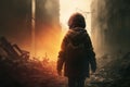 lonely child walks down the street of a destroyed bombed city. concept no war. Generative AI Royalty Free Stock Photo