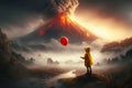 A lonely child in a yellow raincoat and a red balloon against a background of wild nature and a volcano erupting the lava.