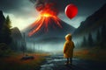 A lonely child in a yellow raincoat and a red balloon against a background of wild nature and a volcano erupting the lava.