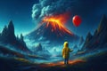 A lonely child in a yellow raincoat and a red balloon against a background of wild nature and a volcano erupting the lava.