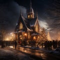 Lonely Church in the Middle of the Night with Lights at Christmas, a Crowd of Worshippers Gathering Royalty Free Stock Photo