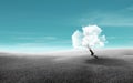 Lonely cloud tree standing on green grass meadow field.