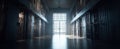 The lonely corridor of a dimly lit prison with looming cell bars. AI generated image Royalty Free Stock Photo