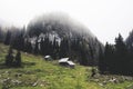 A lonely cottage in the misty and foggy forest just after the storm. Photograph was taken at Corvara in Dolomites mountain range, Royalty Free Stock Photo