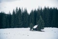 A lonely cottage in the misty and foggy forest just after the storm. Photograph was taken at Corvara in Dolomites mountain range, Royalty Free Stock Photo