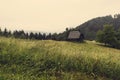 A lonely cottage in the misty and foggy forest just after the storm. Photograph was taken at Corvara in Dolomites mountain range, Royalty Free Stock Photo