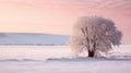 Lonely Cottonwood: A Charming Snowfield Landscape At Sunrise Royalty Free Stock Photo
