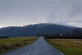 A lonely country road going across common land in the English countryside, heading towards a misty forest. On a bleak, moody winte