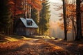 Lonely cozy house in the autumn forest Royalty Free Stock Photo