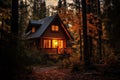 Lonely cozy house in the autumn forest, evening time Royalty Free Stock Photo