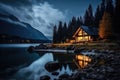 Lonely cozy house near a lake in a autumn forest, against the background of mountains, night time