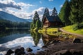 Lonely cozy house near a lake in a summer forest, against the background of mountains Royalty Free Stock Photo