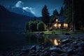Lonely cozy house near a lake in a summer forest, against the background of mountains, night time Royalty Free Stock Photo