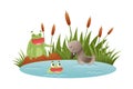 Lonely crying duckling swimming in the pond. Ugly duckling fairy tale cartoon vector illustration