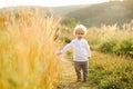 Lonely curly-haired boy with blond hair walks across the field. Royalty Free Stock Photo