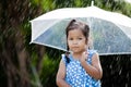 Lonely cute asian little girl with umbrella in rain Royalty Free Stock Photo