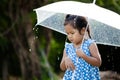 Lonely cute asian little girl with umbrella in rain Royalty Free Stock Photo