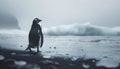 Lonely cute baby penguin enjoying cold Antarctic sea waters surf coast with picturesque moody landscape background. Beauty in