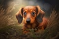 lonely cute dachshund dog sitting on grass with sad face