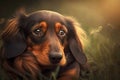 lonely cute dachshund dog sitting on grass with sad face