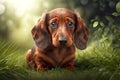 lonely cute dachshund dog sitting on grass with sad face