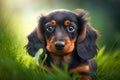 lonely cute dachshund dog sitting on grass with sad face