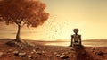 a lonely cute robot is enjoying sunset in a sad place on earth