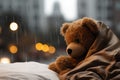 Lonely day Teddy slumbers, raindrops on window, blankets embrace Royalty Free Stock Photo