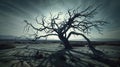 Lonely dead tree in a desert landscape at twilight