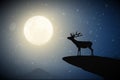 Lonely deer on cliff edge. Animal in snowy weather. Full moon at night