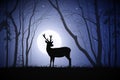 Lonely deer in misty forest. Animal silhouette. Tree in fog. Full moon