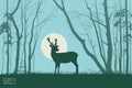 Lonely deer in misty forest. Animal silhouette. Tree in fog. Full moon Royalty Free Stock Photo