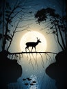 Lonely deer in misty forest. Animal walk on fallen tree. Full moon Royalty Free Stock Photo