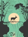 Lonely deer in misty forest. Animal walk on fallen tree. Full moon Royalty Free Stock Photo