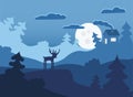 Lonely deer in night forest winter flat illustration
