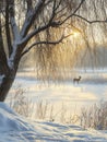 Lonely deer in snowy landscape at sunrise.