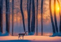 Lonely deer in the winter landscape at sunrise