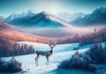 Lonely deer in the winter landscape at sunrise. Generative Al Illustration