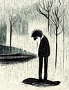 lonely, depressed man, rainy cartoon artwork, ai generated image
