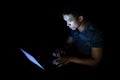 Lonely developer thinking solution with laptop at night in dark room Royalty Free Stock Photo